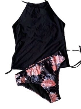 Beachsissi halter plain black floral matching bottom Tankini set, size M